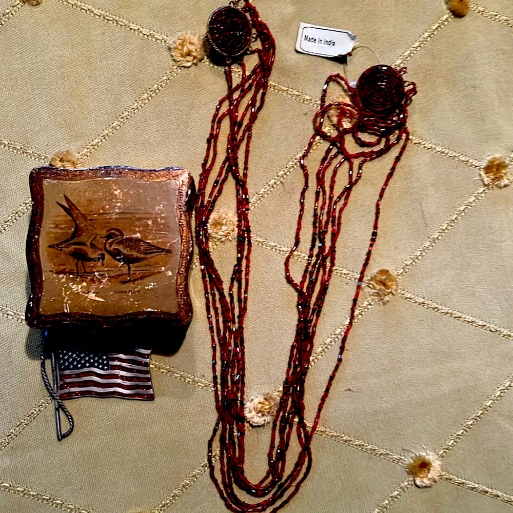 Vintage Trinket Box , flag pendant, scarf necklace